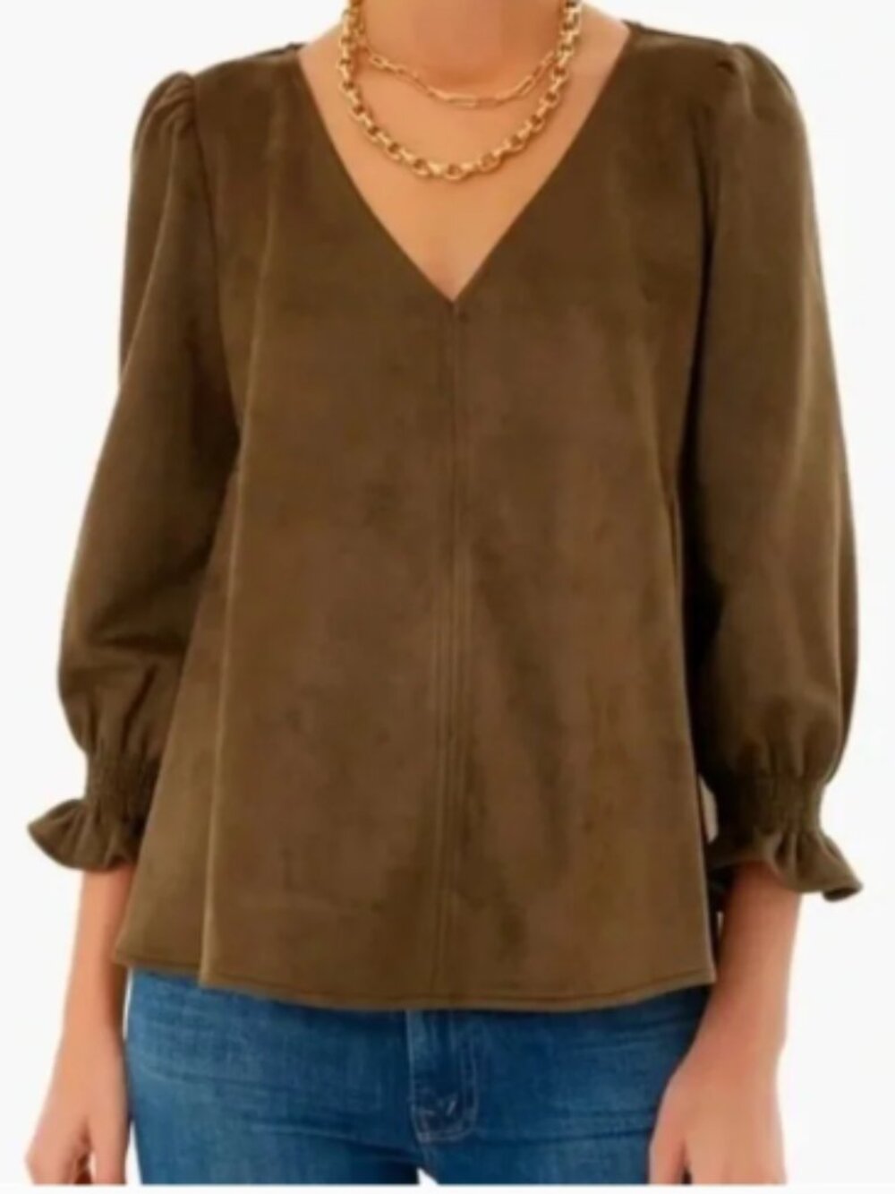 Tuckernuck Easton 3/4 Sleeve Suede V-Neck Top, Brown/Copper - Size XL